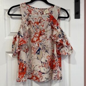 Japna Floral Cold Shoulder Blouse - Cream with Red, Pink, Tan and Navy Blue